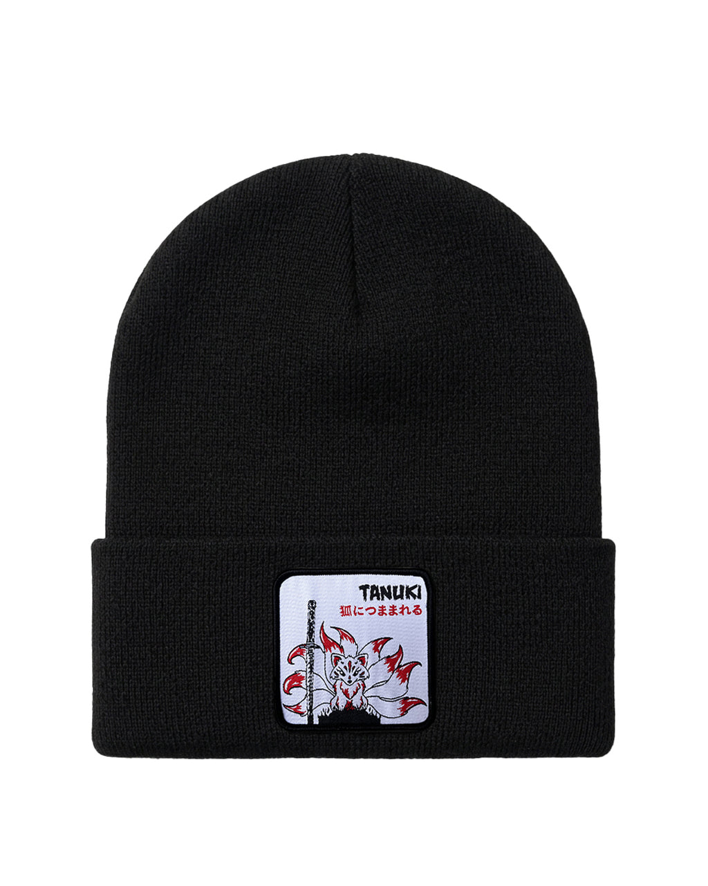 Beanies giapponese con una patch ricamata raffigurante una kitsune. Colore: nero
