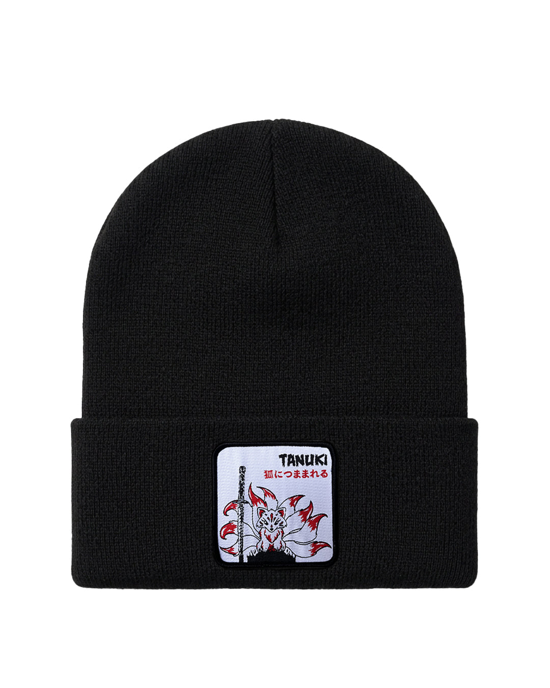 Beanies giapponese con una patch ricamata raffigurante una kitsune. Colore: nero