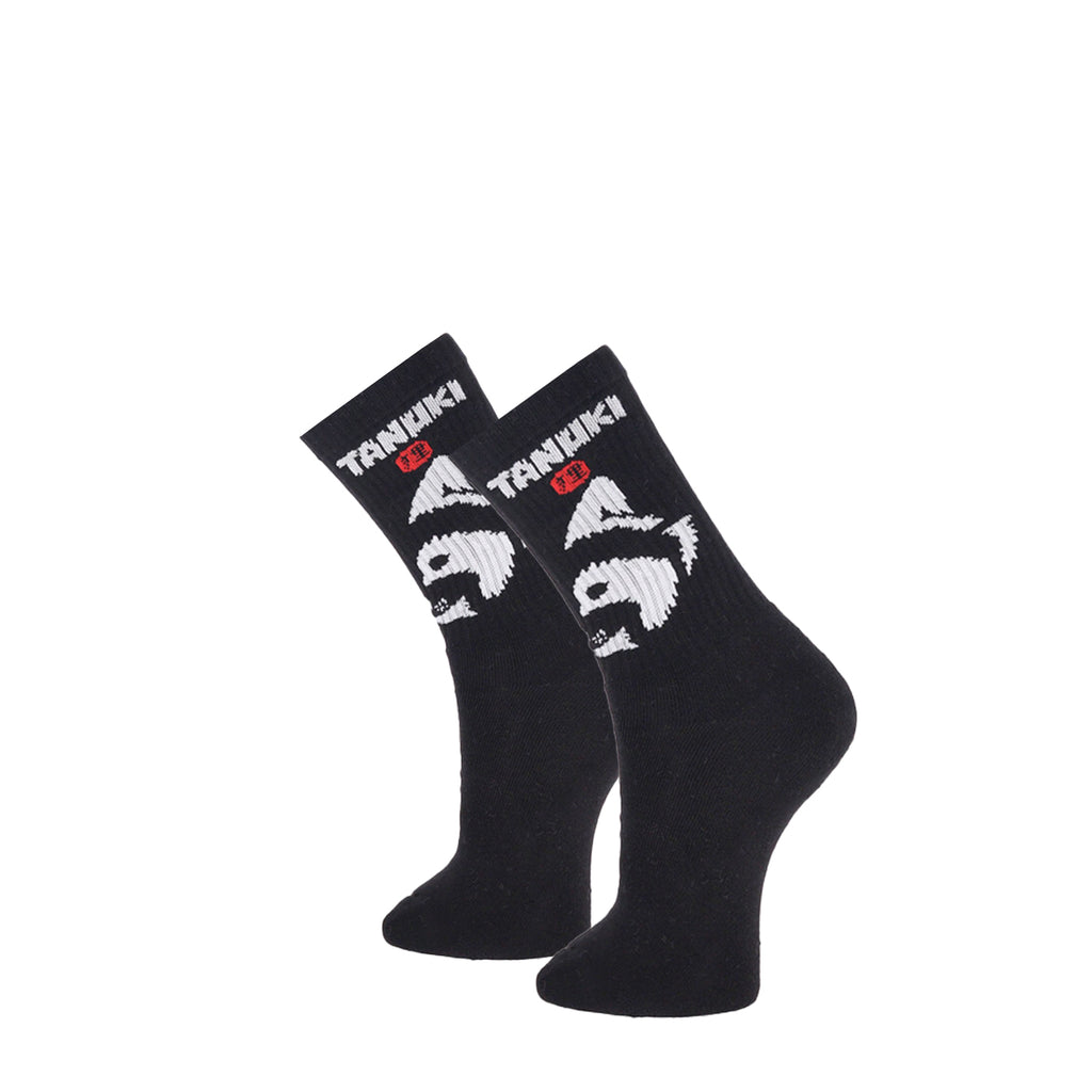 Calze in cotone nero con stampa Logo tanuki in bianco sul fornte 